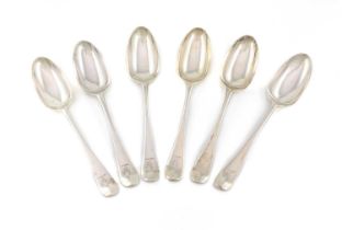 A set of six George II silver Hanoverian tablespoons, by Ann Hill, London 1734, with engraved crests