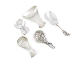 A collection of five modern silver caddy spoons, comprising: one for the Grocers' Company, by