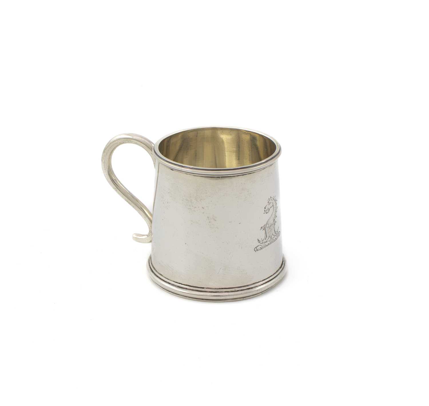 An early-19th century silver miniature mug, unmarked, circa 1800, tapering circular form, scroll