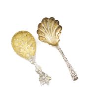 A Victorian cast silver caddy spoon, by George Adams, London 1862, gilded foliate bowl, foliate