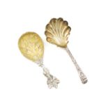 A Victorian cast silver caddy spoon, by George Adams, London 1862, gilded foliate bowl, foliate