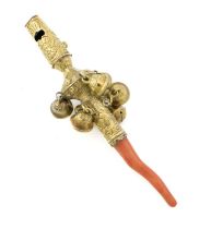 λ A George III silver-gilt baby's rattle, whistle and teether, maker's mark only, possibly JN