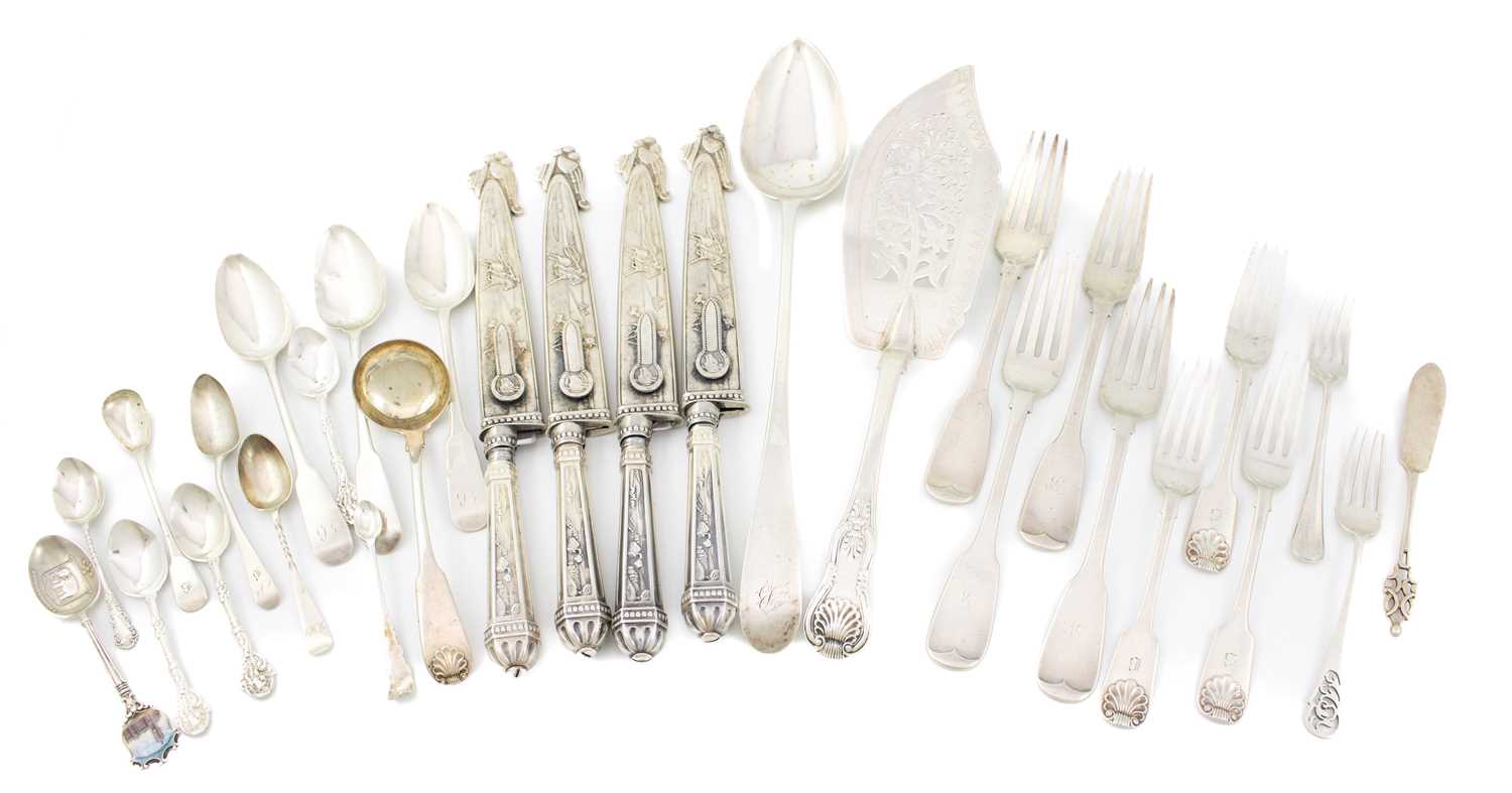 A mixed lot of flatware, various dates and makers, silver items comprising: a Scottish serving