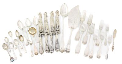 A mixed lot of flatware, various dates and makers, silver items comprising: a Scottish serving