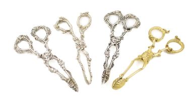 A collection of four pairs of Victorian naturalistic silver sugar nips, including: a silver-gilt
