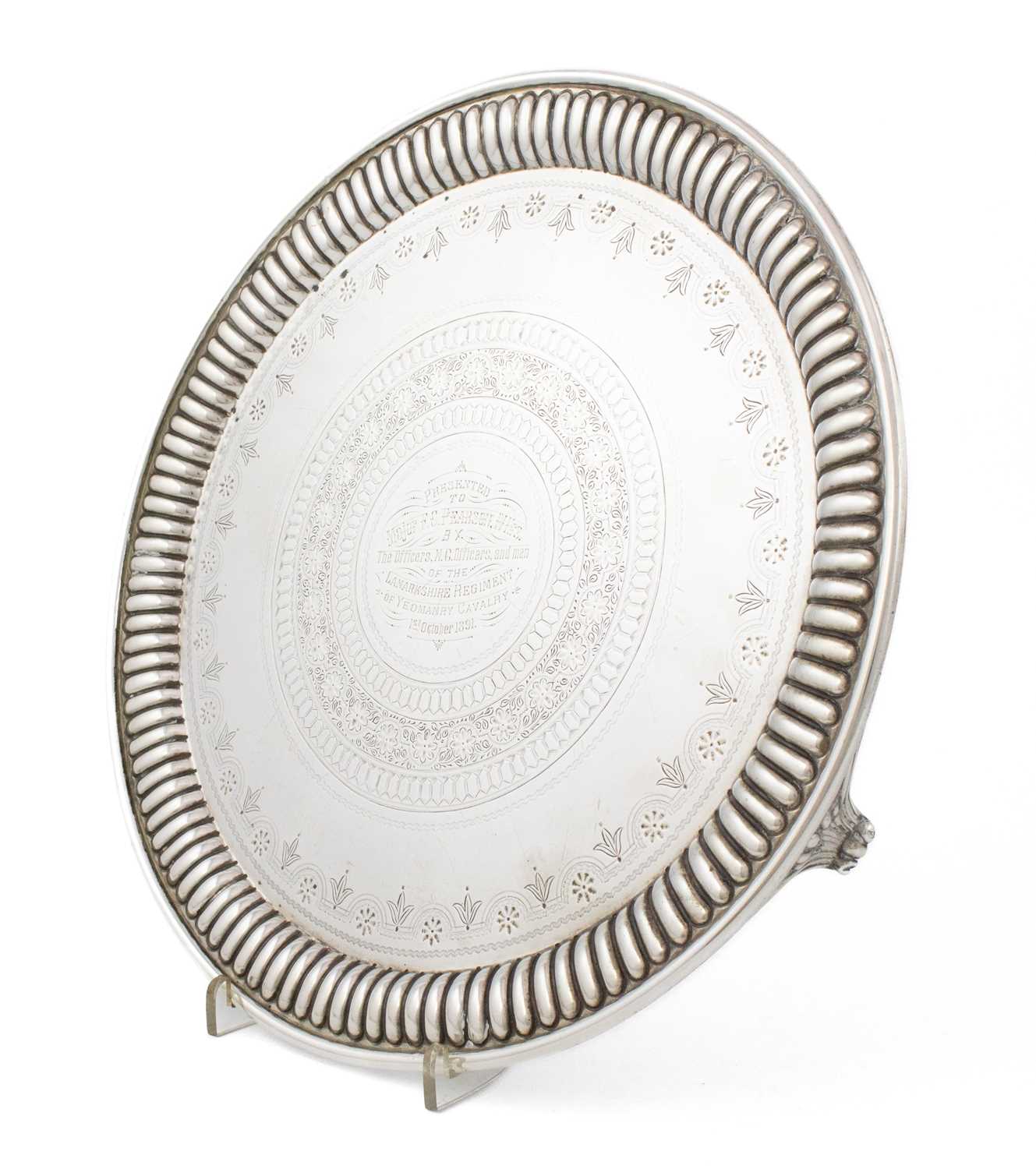 A Victorian silver presentation salver, by Martin, Hall & Co, London 1887, circular form, fluted - Image 2 of 2