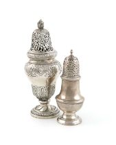 A George II silver pepper pot, maker's mark of DF script, unidentified, London 1742, circular