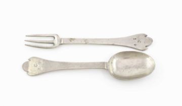 A 20th century pewter Trefid fork and spoon, one with a touch mark, both stamped Jamaica, engraved