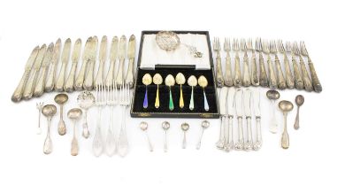 A set of twelve Victorian silver fruit knives and forks, by Walker & Hall, Sheffield 1897, beaded