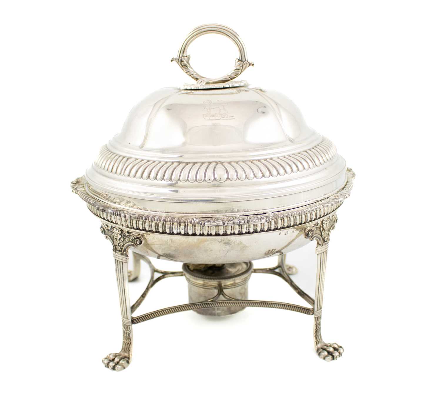 A George III silver entrée dish and cover on a warming stand, by William Bateman, London 1815,