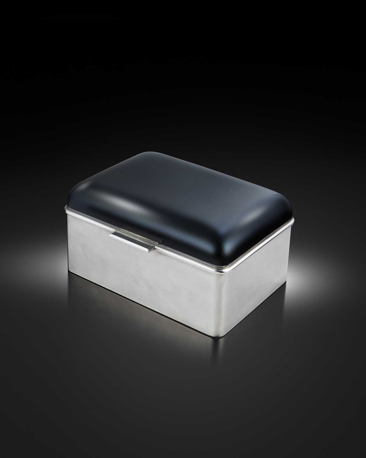 Φ Φ By Gerald Benney, a modern silver and enamel cigar humidor, designed and enamelled by Gerald