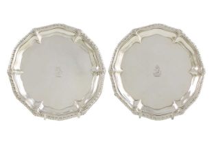 A pair of George II silver waiters, by William and Robert Peaston, London 1757, circular form,