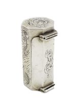 A 19th century Dutch silver nutmeg grater, worn maker's mark, 1844, faceted cylinder shape, engraved