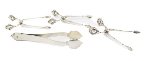 By Georg Jensen, a collection of three pairs of Danish silver sugar tongs, comprising: a pair of