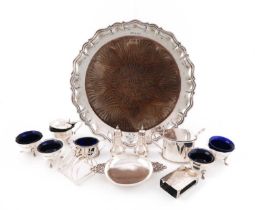 A mixed lot of silver items, comprising: a silver-mounted wooden breadboard, by James Dixon and