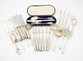 A mixed lot of silver flatware, various dates and makers, comprising: a Victorian silver cased