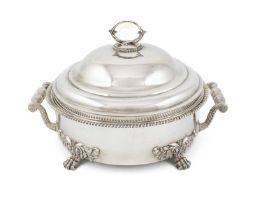 A George IV silver entrée dish and cover on an old Sheffield plated warming stand, by Sebastian