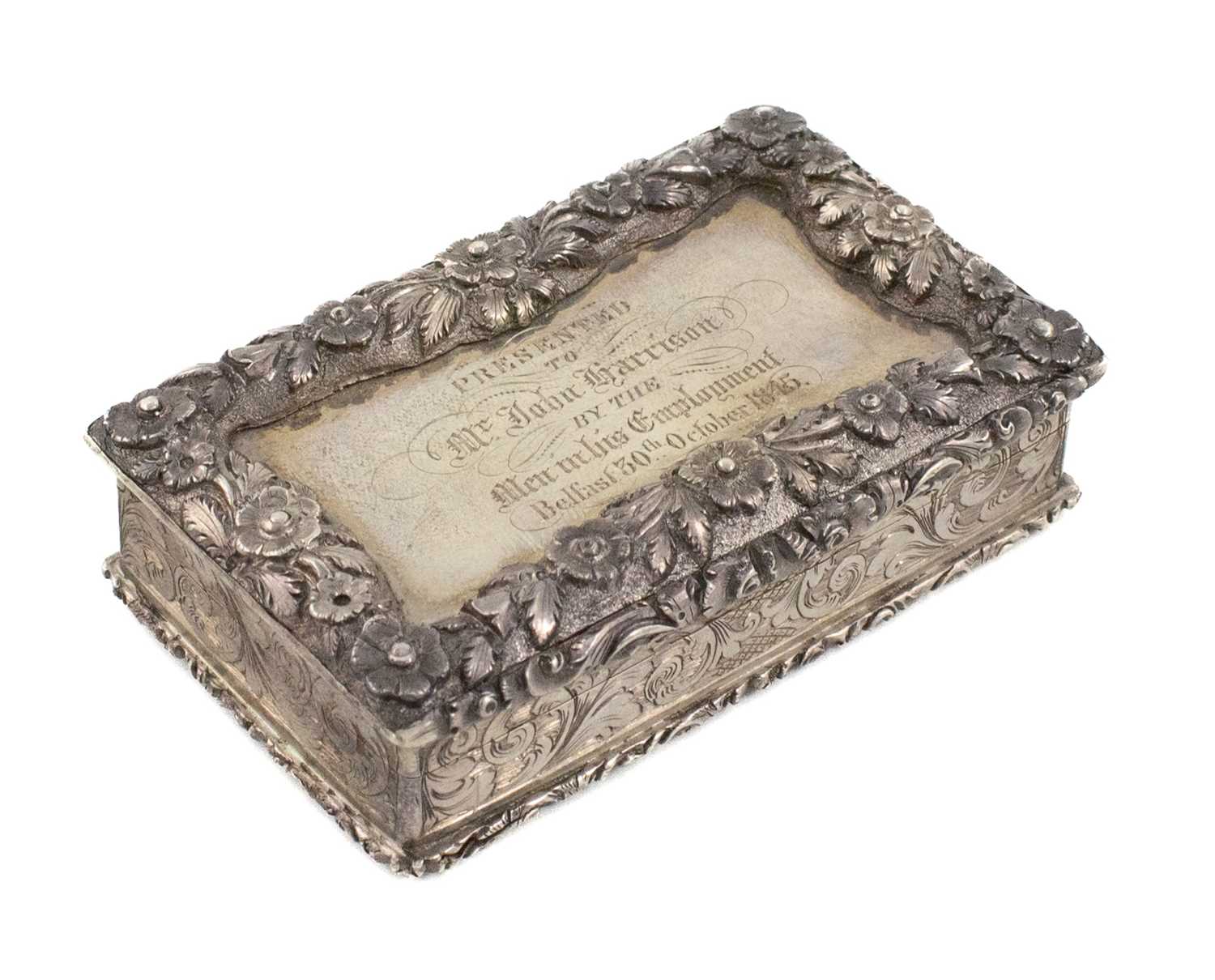 A Victorian silver presentation snuff box, by John Tongue, Birmingham 1841, rectangular form,
