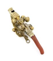 λ A George III silver-gilt baby's rattle, whistle and teether, indistinct maker's mark only,