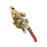 λ A George III silver-gilt baby's rattle, whistle and teether, indistinct maker's mark only,