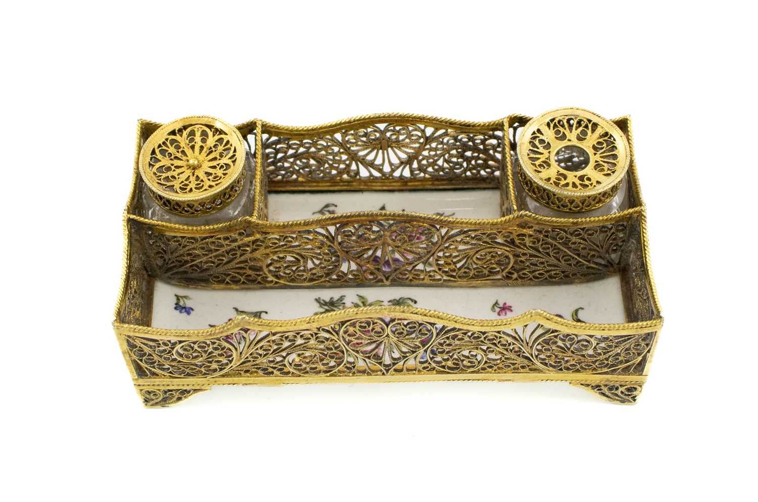 A late-18th/early-19th century silver-gilt filigree and enamel inkstand, unmarked, circa 1800, - Image 2 of 2