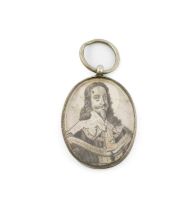 A 17th century silver-mounted locket, unmarked, oval form, a pen and ink portrait of Charles I on