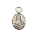 A 17th century silver-mounted locket, unmarked, oval form, a pen and ink portrait of Charles I on