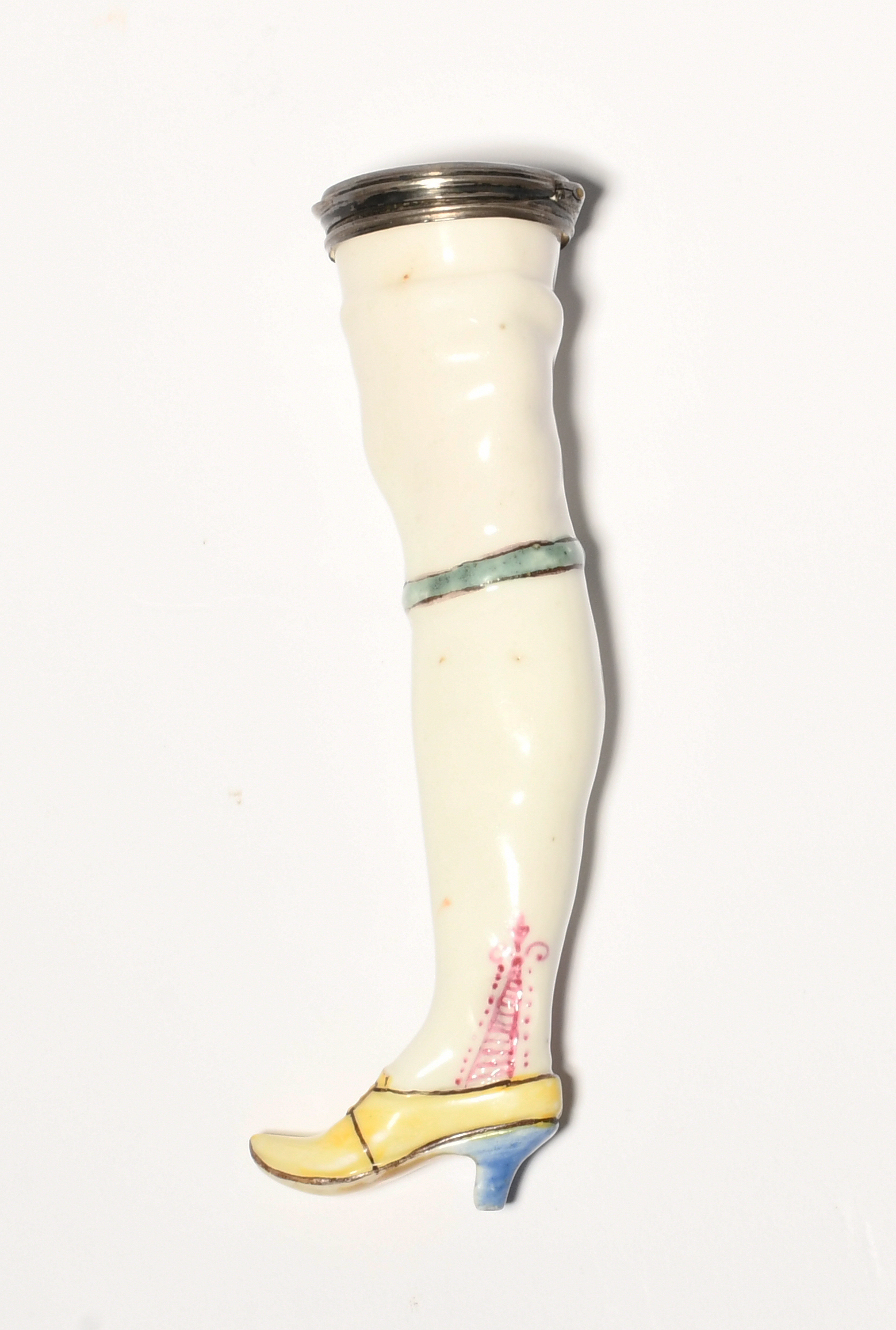 A silver-mounted Mennecy etui or bodkin case, c.1750, modelled as the leg of lady, in a white - Image 2 of 3