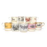 Nine Barr, Flight and Barr coffee cans, c.1805-10, four printed with vignettes of Classical figures,