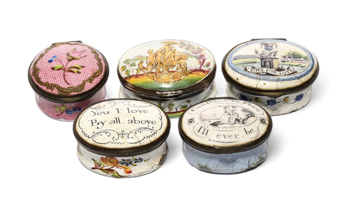 Five enamel patch boxes, 2nd half 18th century, one circular and painted with a rose spray on a dark