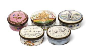 Five enamel patch boxes, 2nd half 18th century, one circular and painted with a rose spray on a dark