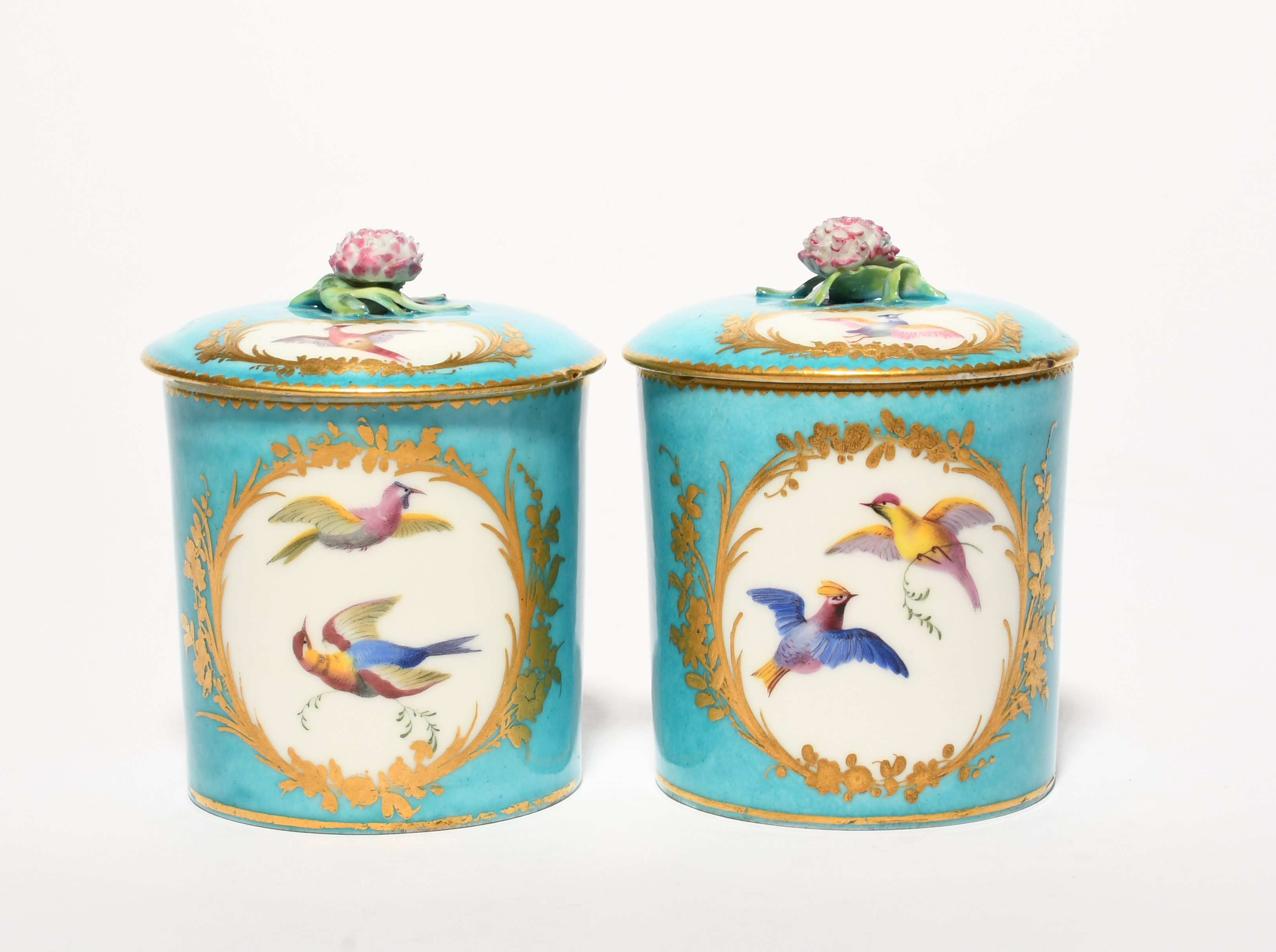 A pair of Sèvres toilet pots (pots à pomade) and covers, c.1760, later decorated with panels of - Image 2 of 3