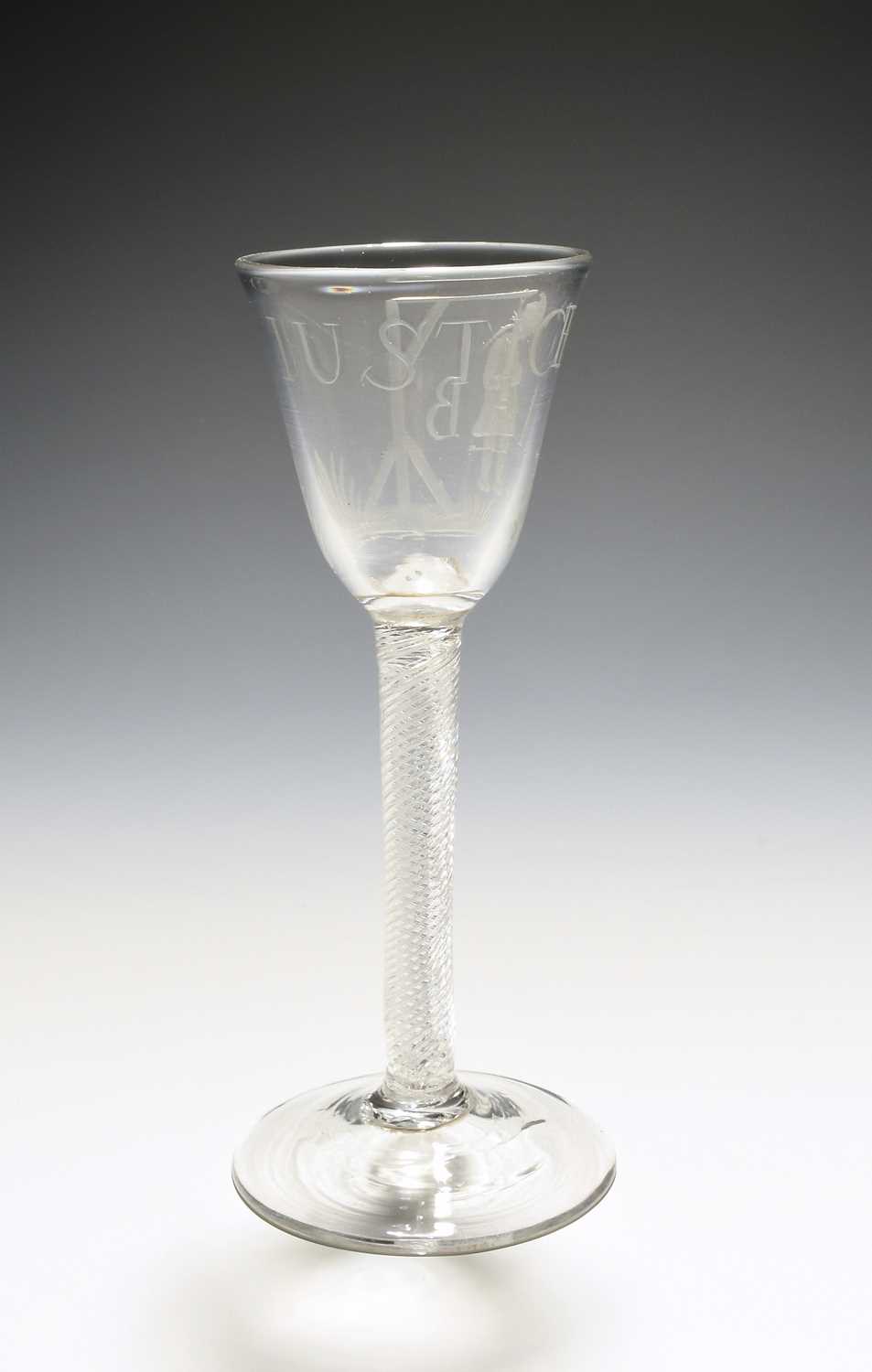 An Admiral Byng wine glass, c.1763, the round funnel bowl engraved with the officer hanging from a - Image 3 of 3