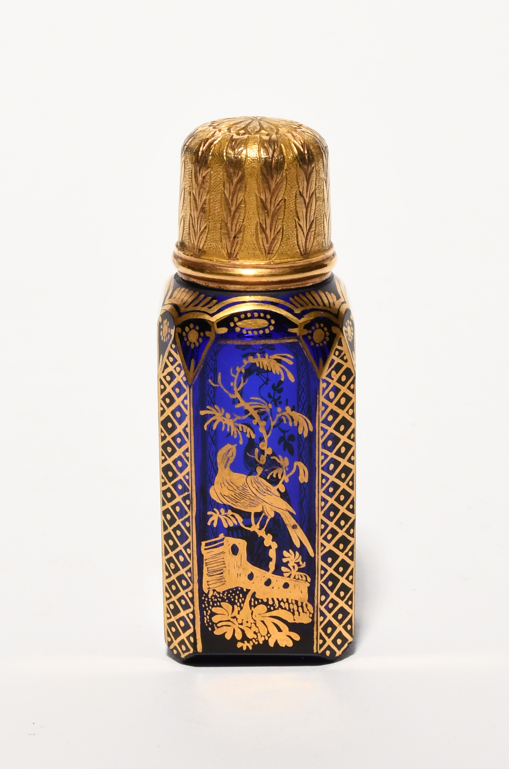 A glass scent bottle decorated in the workshop of James Giles, c.1770, the rich blue glass of - Image 2 of 2
