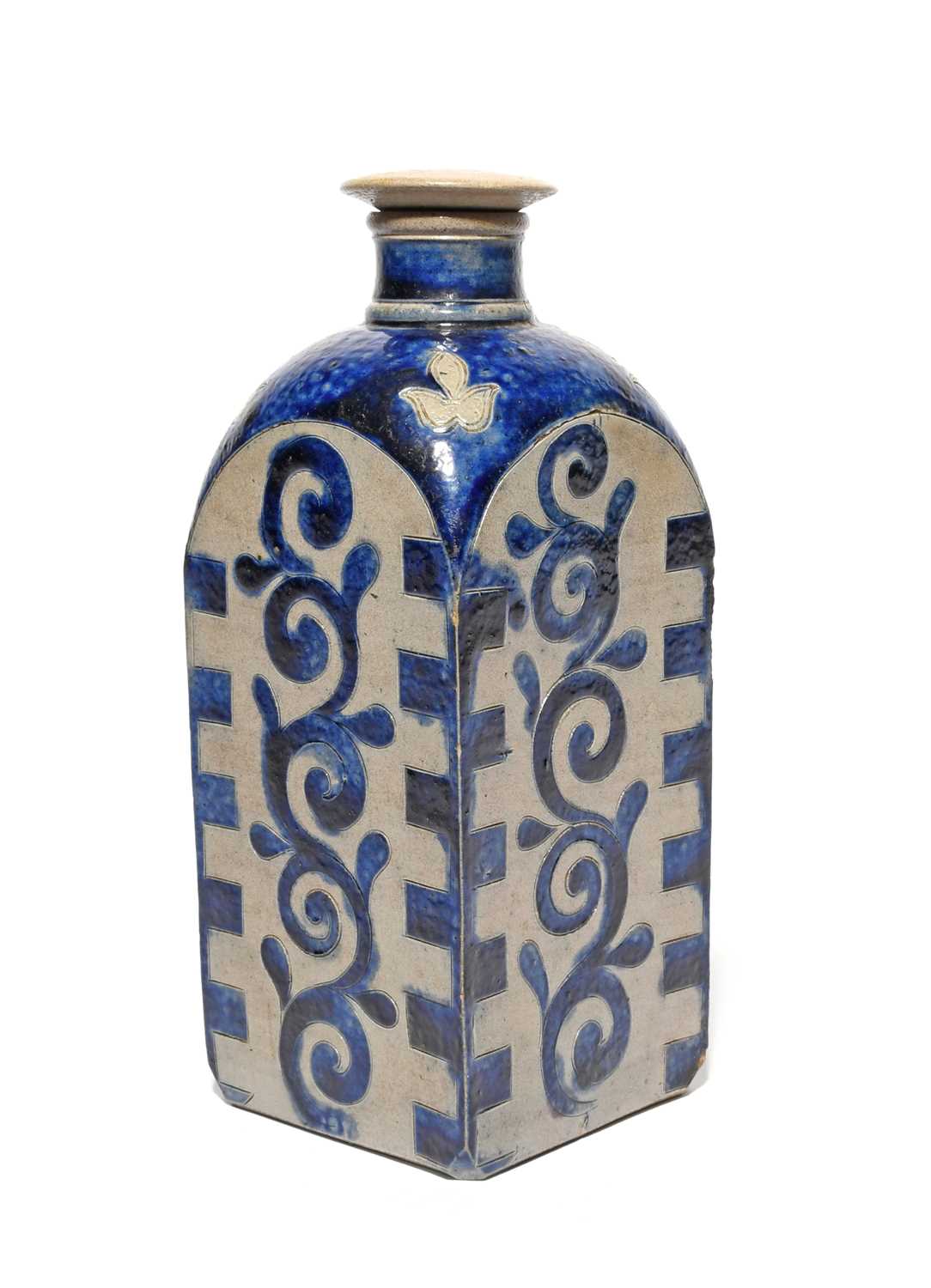 A Westerwald stoneware square flask or bottle and stopper, early 18th century, the four sides each