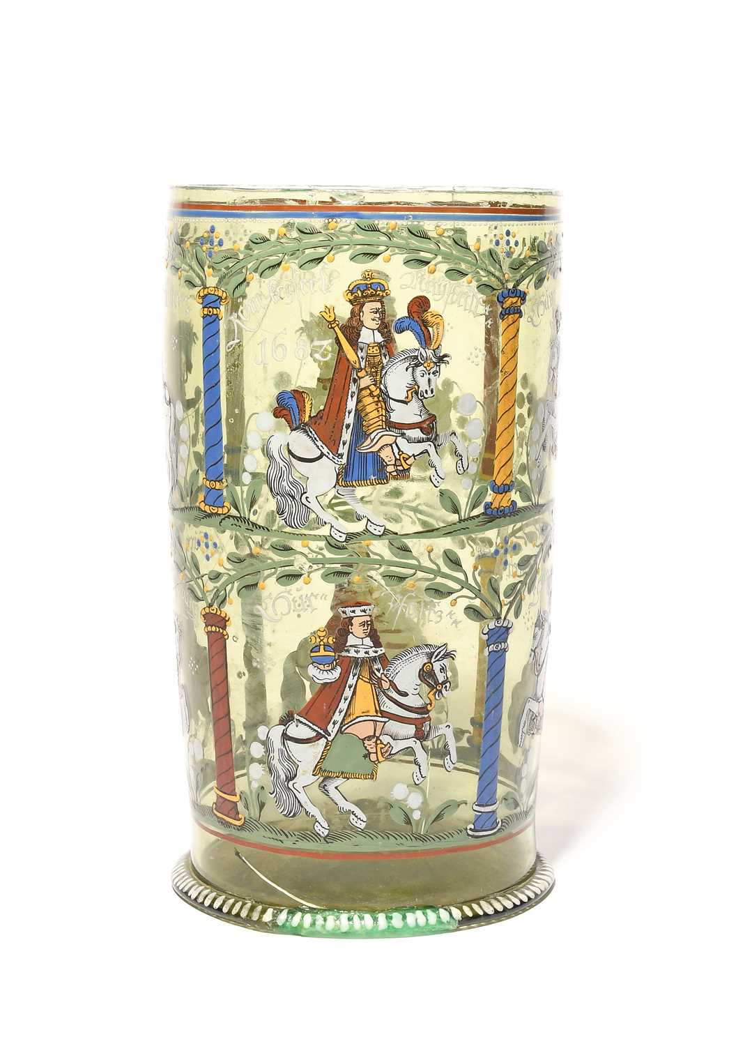 A German glass Electors Beaker (Kurfürstenhumpen), dated 1682, the tall cylindrical form enamelled