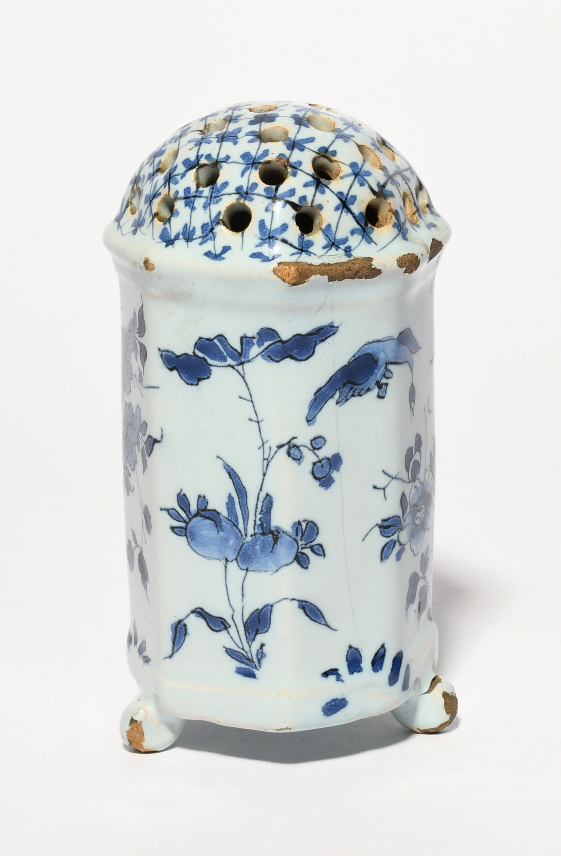 A Delft caster or sugar sifter, 18th century, of octagonal form, painted in blue with birds standing - Image 2 of 2