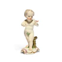 A Ludwigsburg figure of a putto, c.1765-70, naked except for a fig leaf, holding a small bird in his