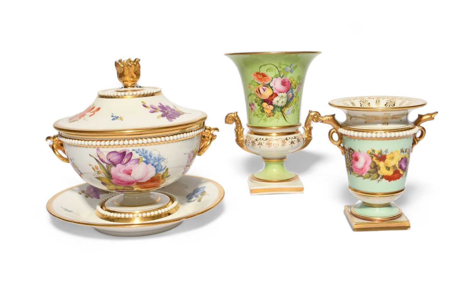 A Barr, Flight and Barr sauce tureen with cover and stand, c.1810, finely painted with flowers and