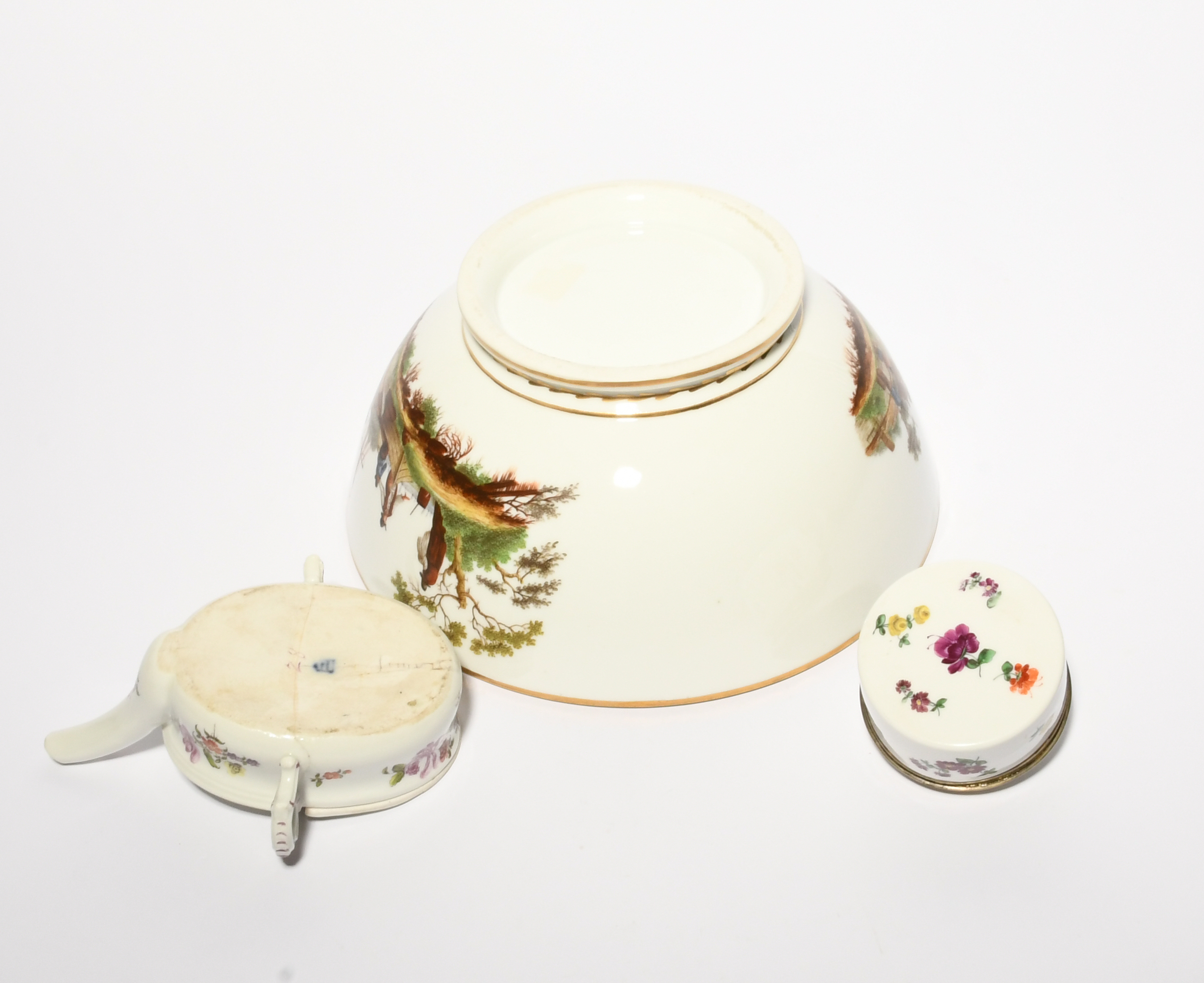 A Vienna feeding cup, c.1760, the shallow form painted with flowers and fitted with a hinged lid, - Image 2 of 2