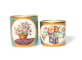 Two Sèvres coffee cans, c.1768-80, painted with pots of flowers reserved on a bleu celeste ground,