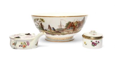 A Vienna feeding cup, c.1760, the shallow form painted with flowers and fitted with a hinged lid,