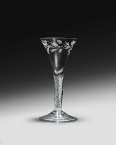 A wine glass or goblet of Jacobite significance, c.1760, the generous drawn trumpet bowl finely