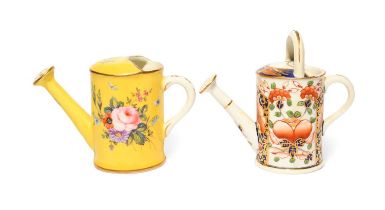 Two Derby miniature watering cans, c.1820-30, one painted with butterflies in flight around