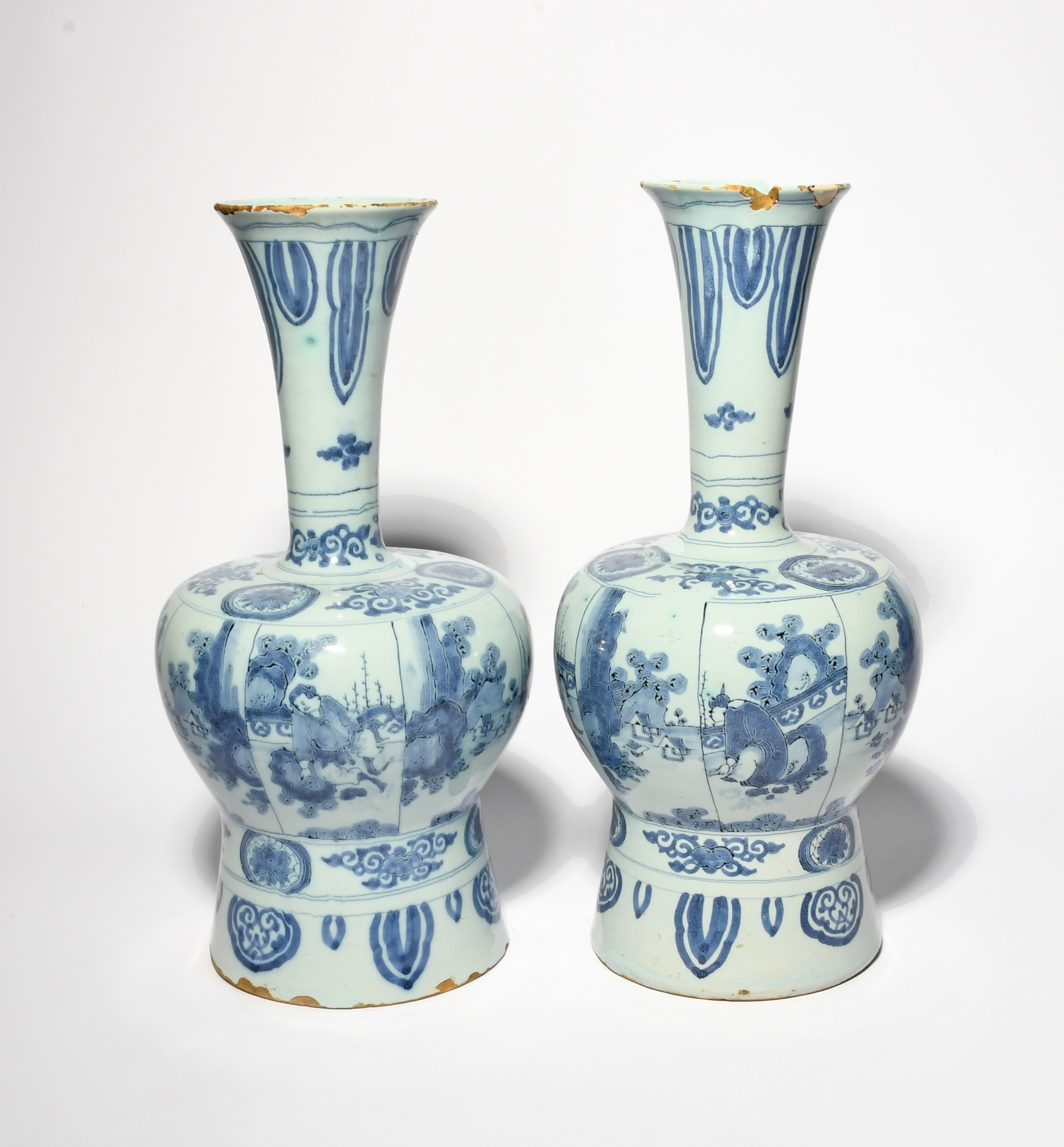 A pair of large Delft vases, c.1700, of Chinese shape, the baluster bodies painted with panels of - Image 2 of 2