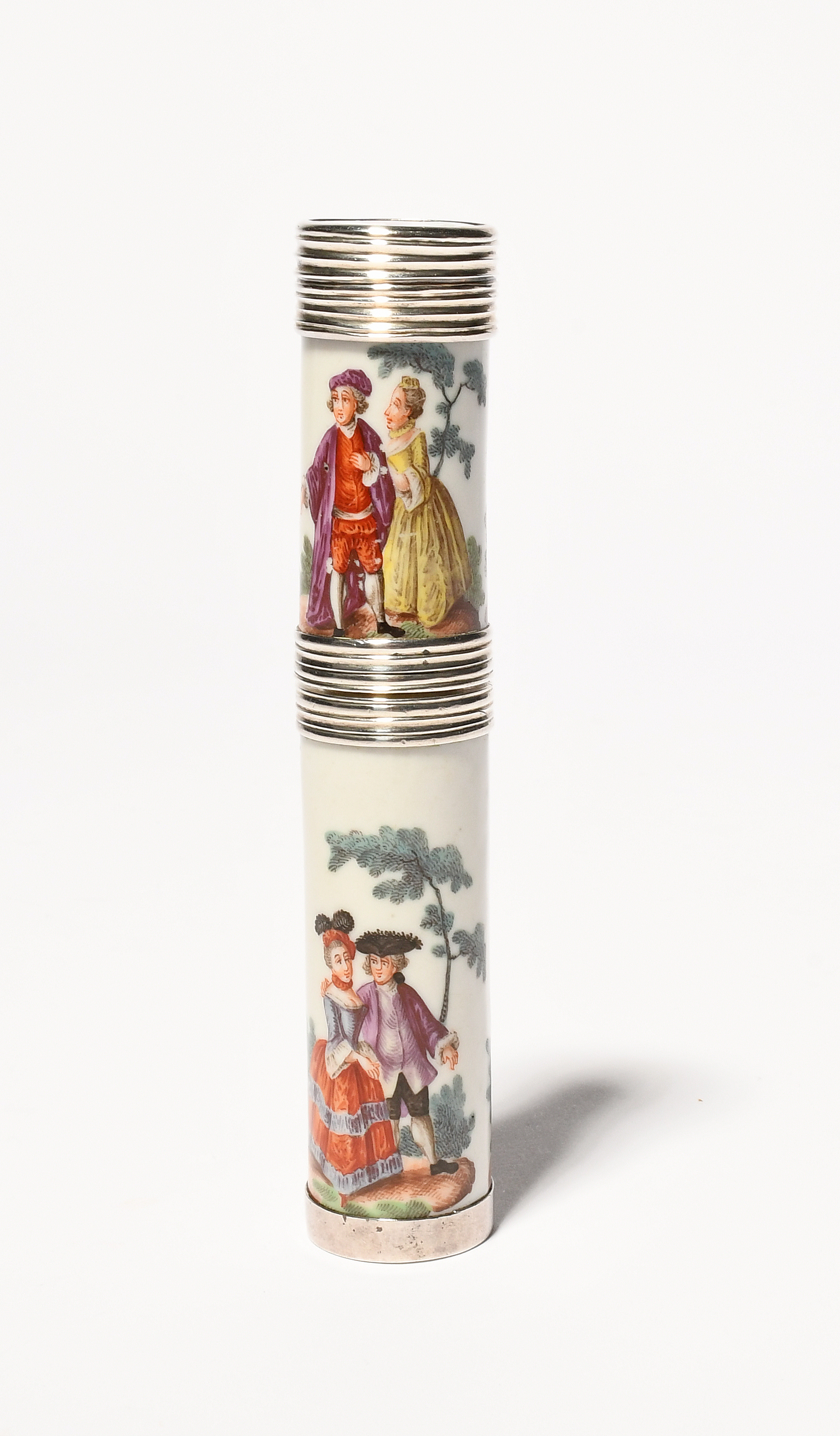 A Meissen silver-mounted etui or bodkin case, c.1760, the cylindrical form finely painted with - Image 2 of 3