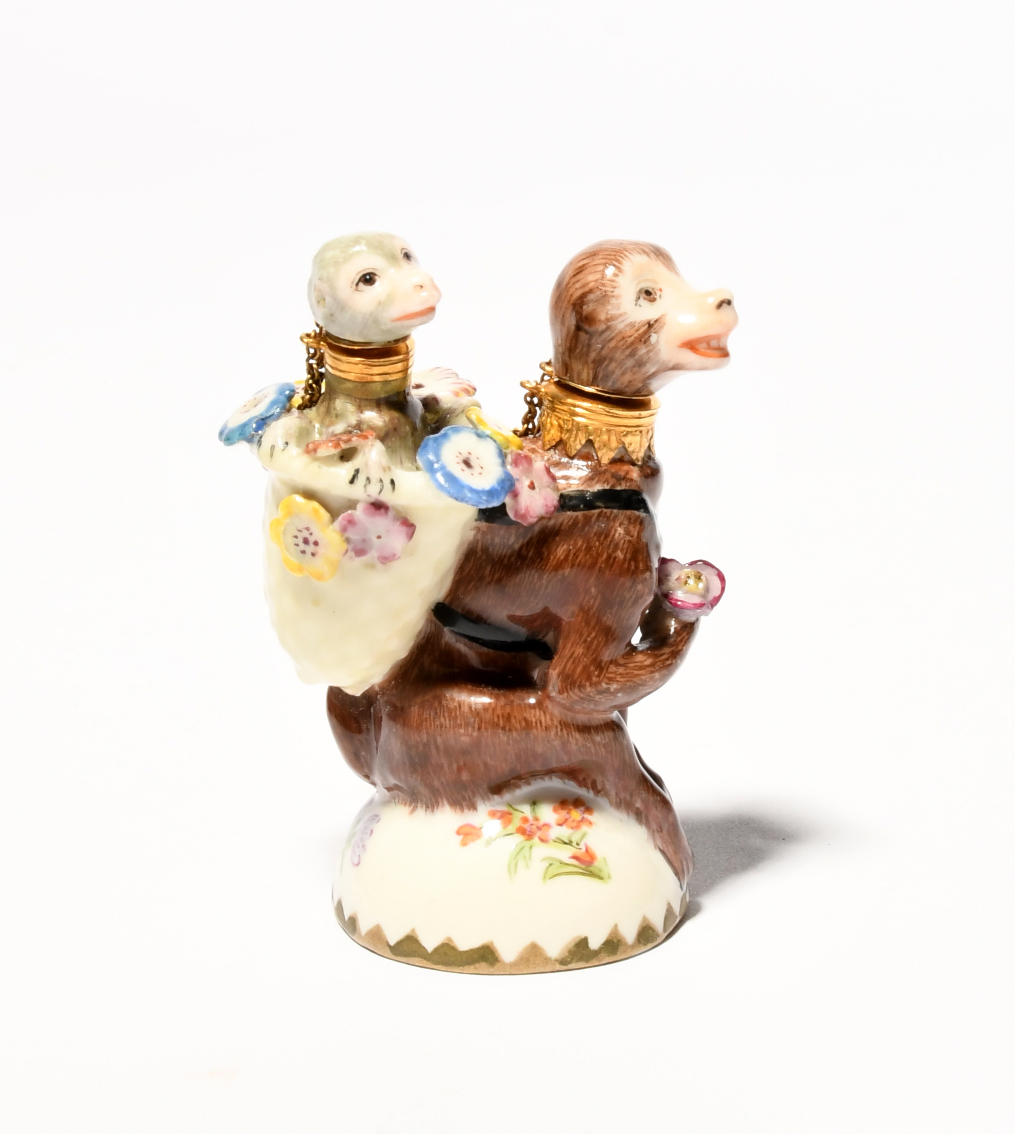 A rare Chelsea double scent bottle, c.1755, modelled as a brown monkey crouched on a domed base - Image 2 of 3