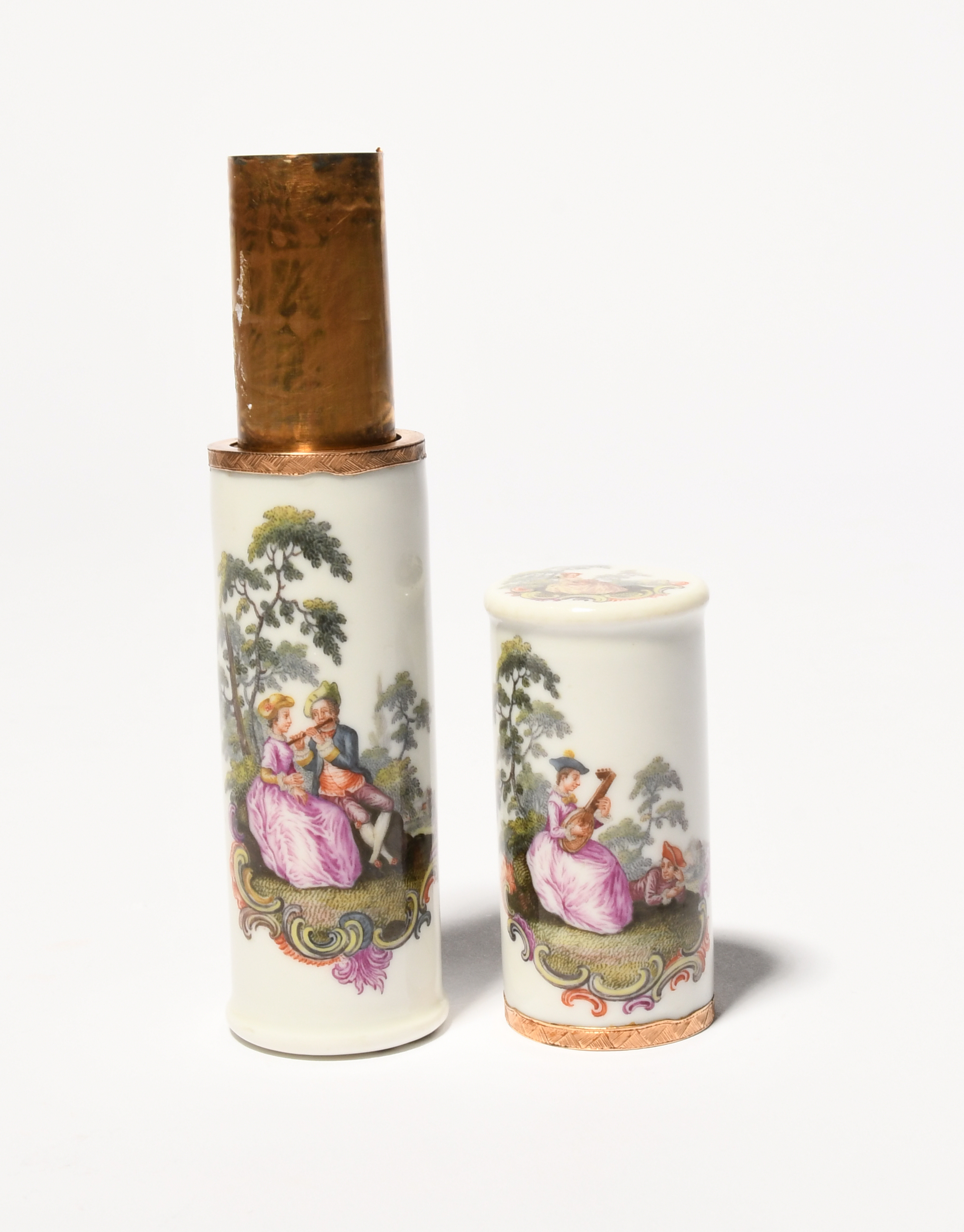 A Meissen etui or bodkin case, c.1760, the wide cylindrical form painted with four scenes of - Image 3 of 3