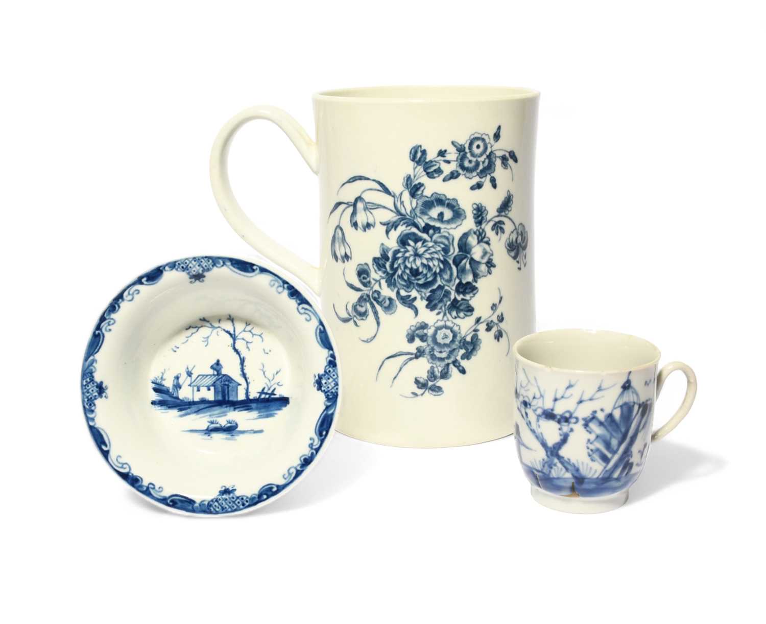 A Worcester blue and white patty pan and a mug , c.1760- 70, the patty pan painted with the Bare