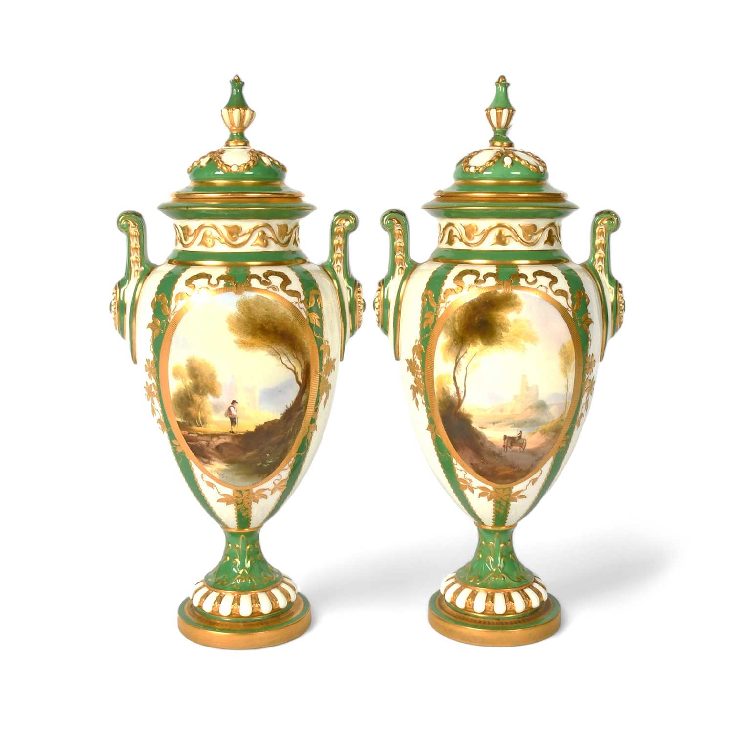 A pair of Royal Worcester vases and covers, date codes for 1912, of shape 2486, painted by Harry